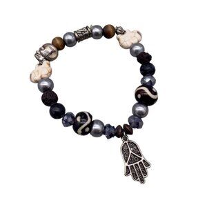 Multicolor Stone Hand of Fatima Charm Beaded Bangle Bracelet